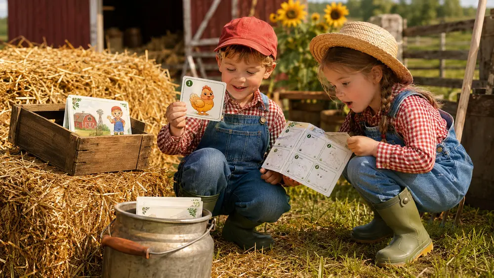 Kinderen bekijken een dierenkaart bij de boerderij tijdens de boerderij-speurtocht