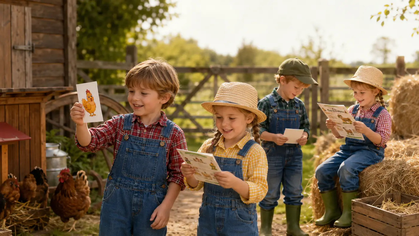 Boerderij-speurtocht voor een kinderfeestje: kinderen spelen samen een boerderij-opdracht