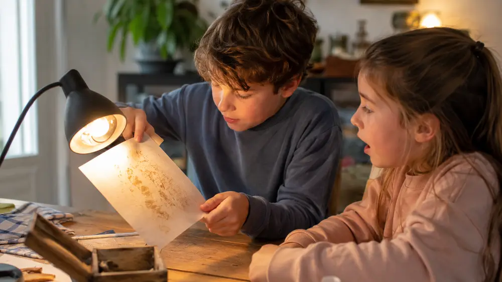 Kind ontcijfert een geheime boodschap met onzichtbare inkt tijdens een speurtocht