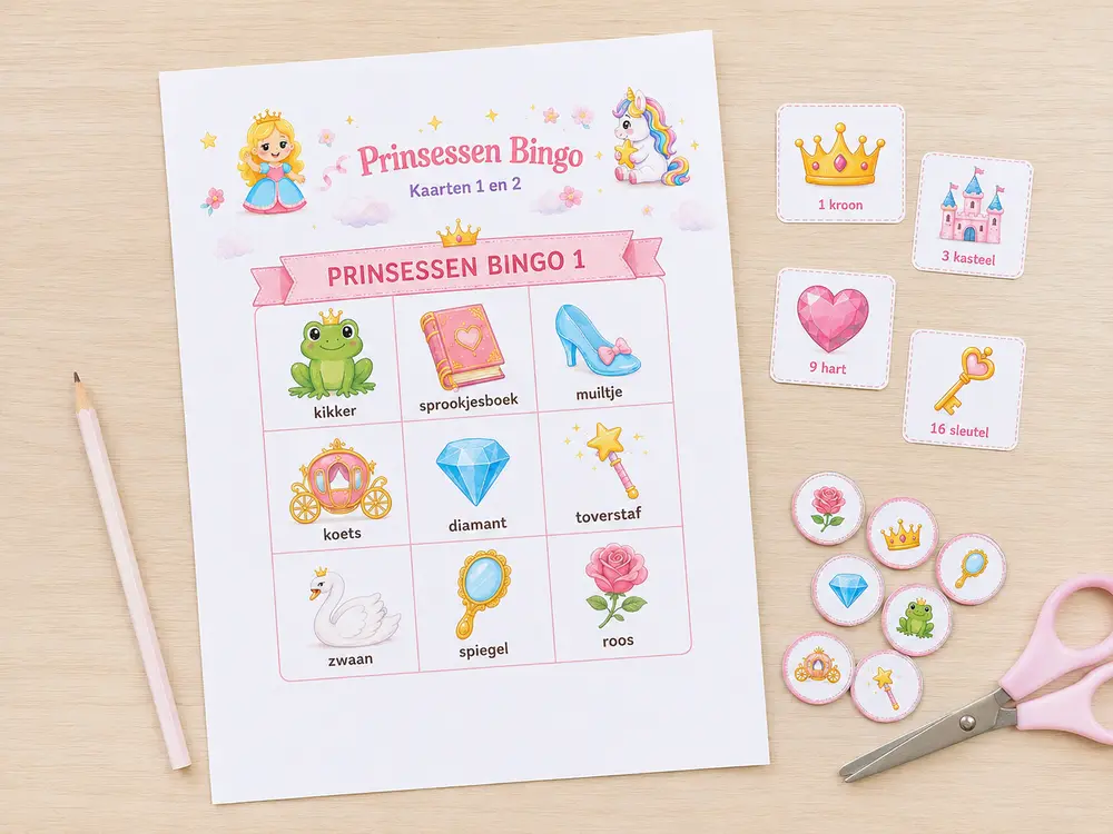 Printbare prinsessen-bingokaart met kroon, koets, diamant en toverstaf
