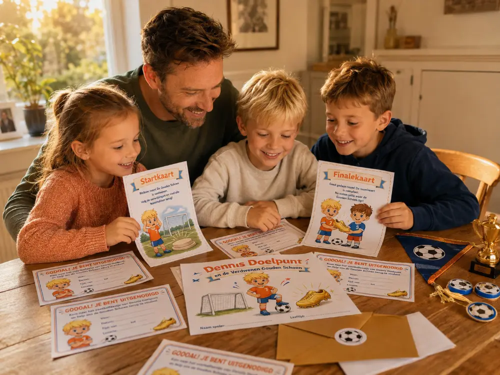 Kinderen en een ouder organiseren samen een speurtocht thuis