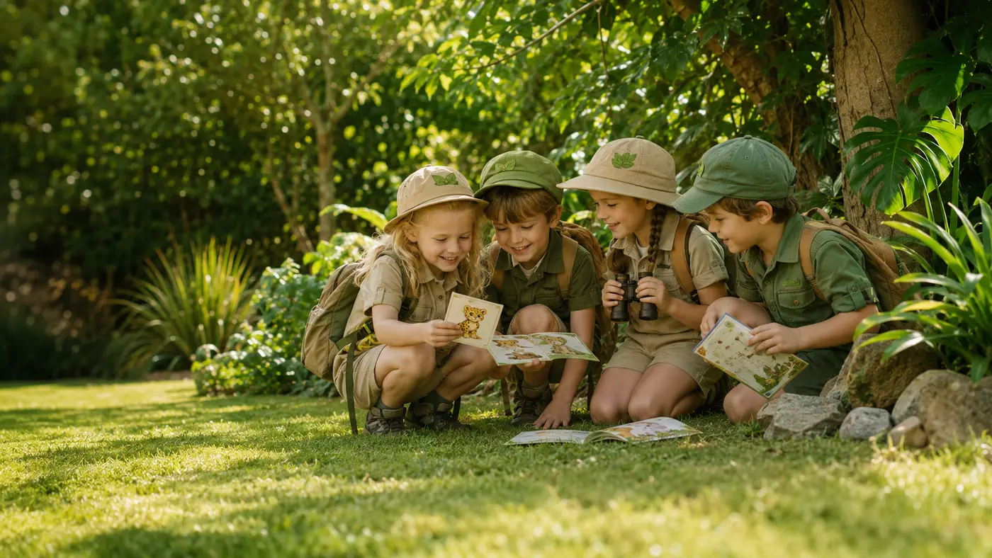 Jungle-speurtocht voor een kinderfeestje: kinderen spelen samen een jungle-opdracht