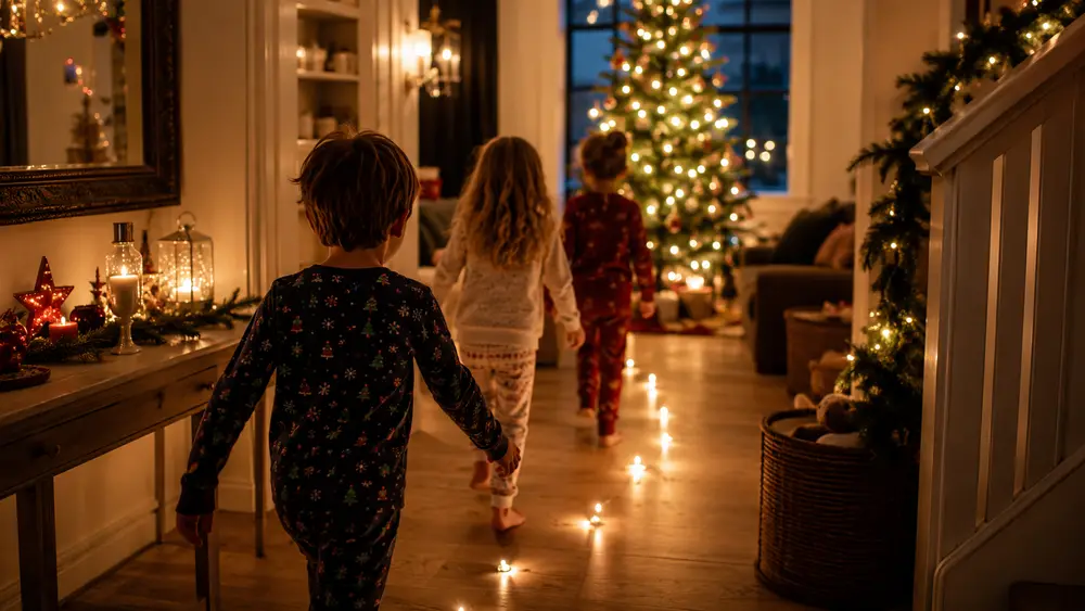 Kerst-speurtocht voor kinderen: Foto: kinderen volgen lichtjes door een versierd huis met kerstboom