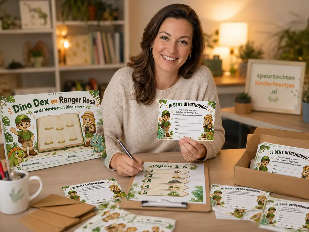 Ouder en kind bereiden samen een speurtocht voor een kinderfeestje voor