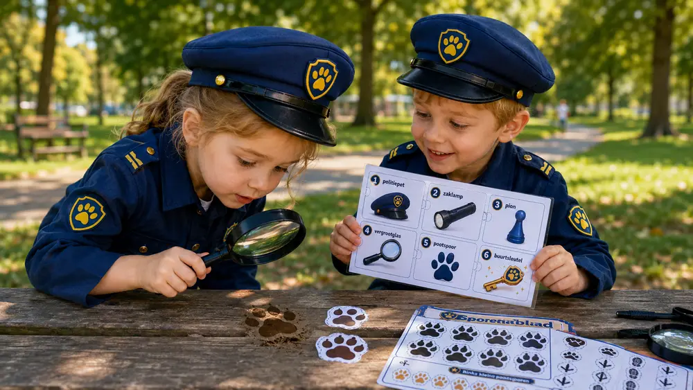 Jonge speurders onderzoeken pootsporen met een vergrootglas in de politie-speurtocht