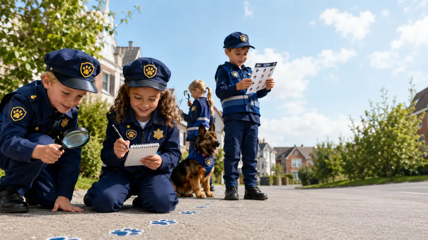 Politie-speurtocht voor een kinderfeestje: kinderen spelen samen een politie-opdracht