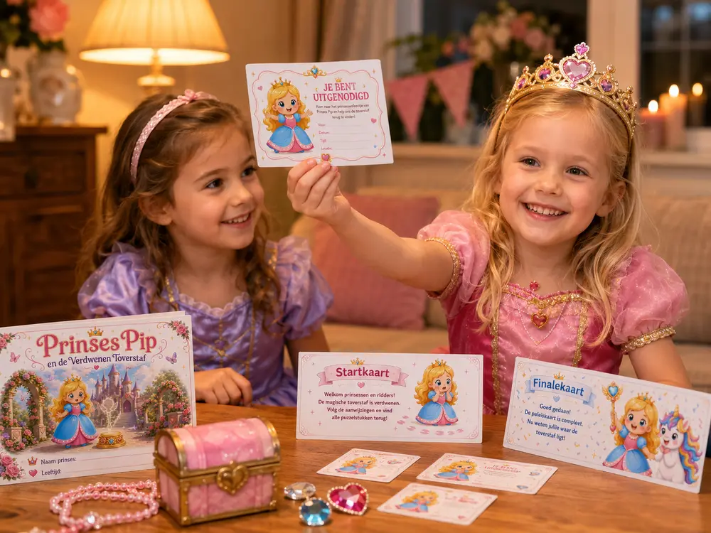 Prinses-speurtocht voor een kinderfeestje: kinderen spelen samen een prinses-opdracht