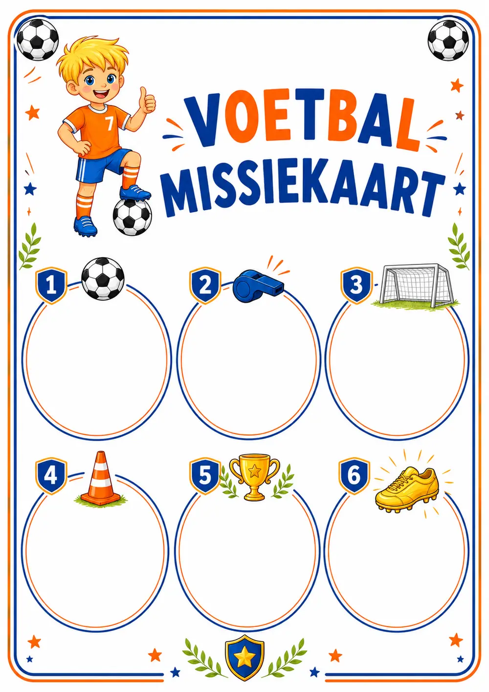 Printbare voetbal-missiekaart met zes lege opdrachtvakken voor de speurtocht