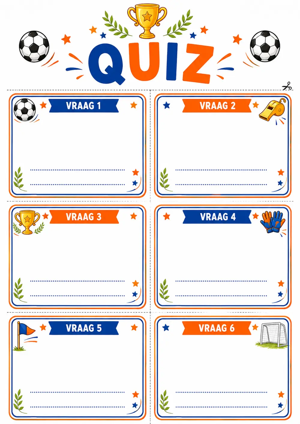 Printbare lege voetbalquiz-vraagkaarten om zelf vragen op te schrijven