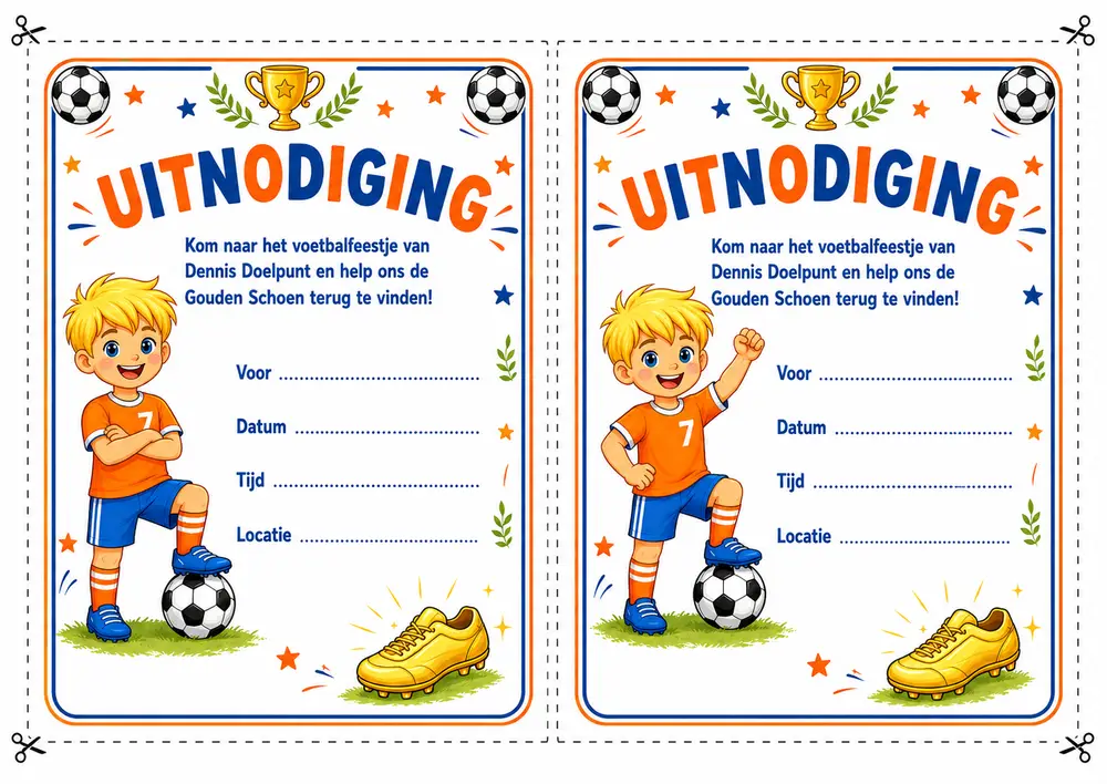 Printbare uitnodiging voor een voetbal-kinderfeestje, twee per A4-vel
