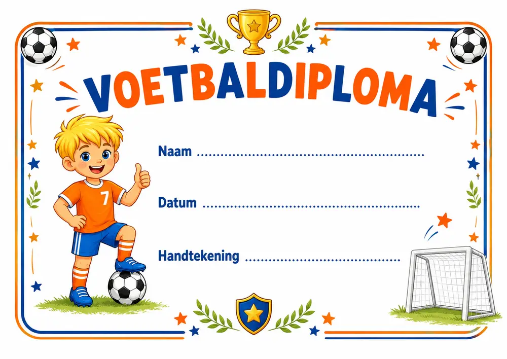 Gratis printbaar voetbaldiploma met invulvelden voor naam en datum