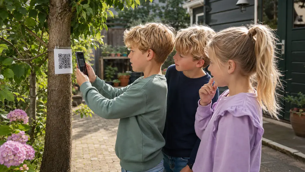 Kinderen scannen een verstopte QR-code met een smartphone tijdens een speurtocht