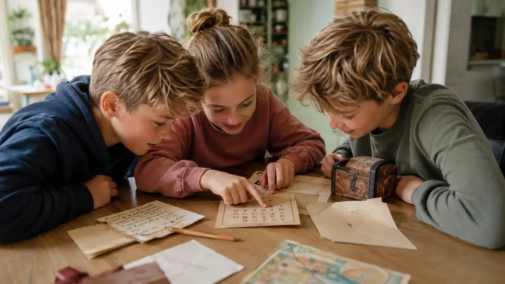 Kinderen van 10 jaar spelen samen een speurtocht op een kinderfeestje