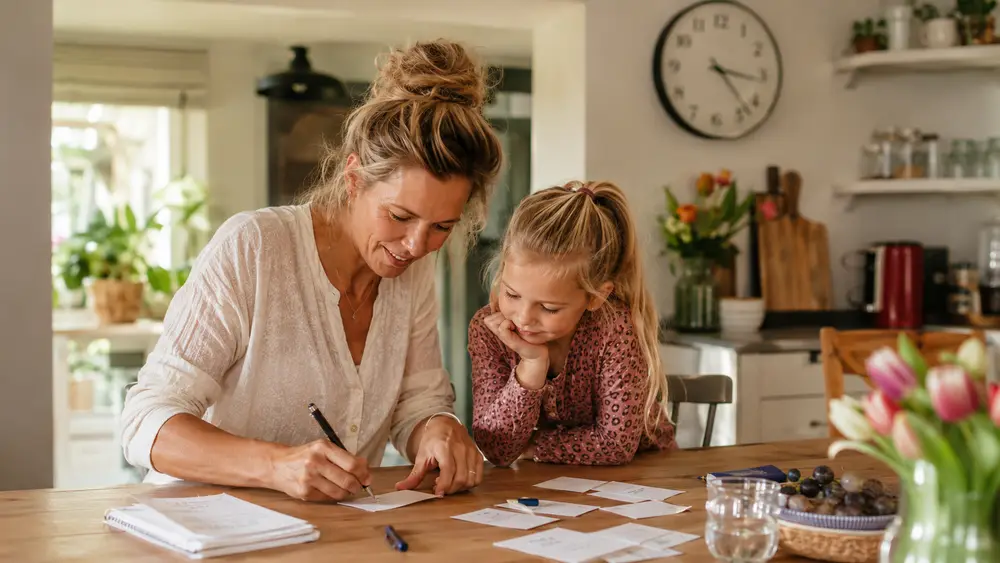 Ouder schrijft snel speurtocht-opdrachten op briefjes aan de keukentafel