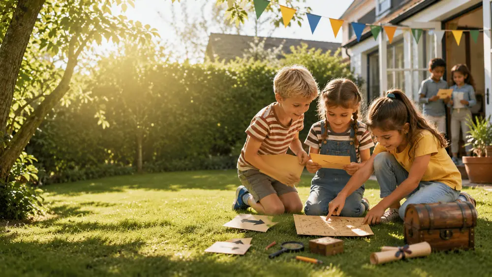 Kinderen van 7 jaar spelen samen een speurtocht op een kinderfeestje