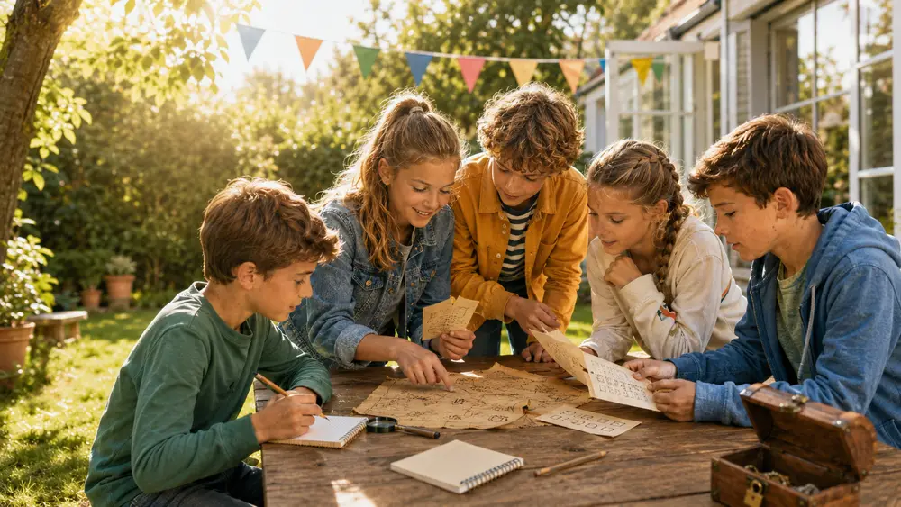 Kinderen van 9 jaar spelen samen een speurtocht op een kinderfeestje