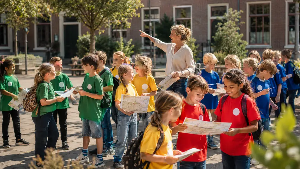 Grote groep kinderen doet in teams een speurtocht op het schoolplein