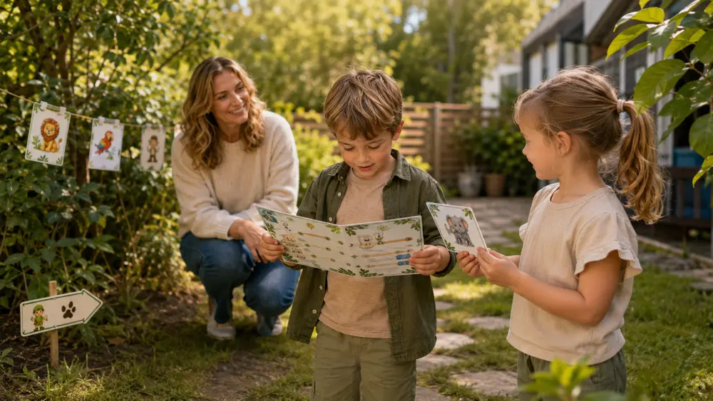 Ouder houdt toezicht terwijl kinderen veilig in de tuin een speurtocht spelen