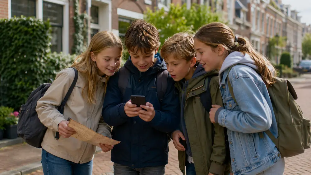 Oudere kinderen lezen samen een aanwijzing op WhatsApp tijdens een speurtocht buiten