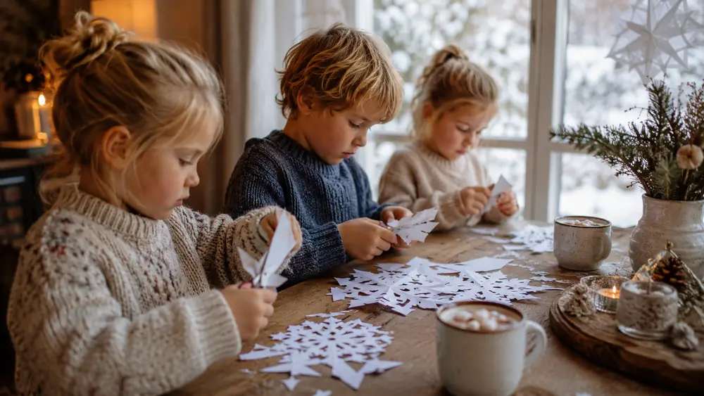 Winter-speurtocht voor kinderen: Foto: kinderen knutselen sneeuwvlokken bij het raam op een koude dag
