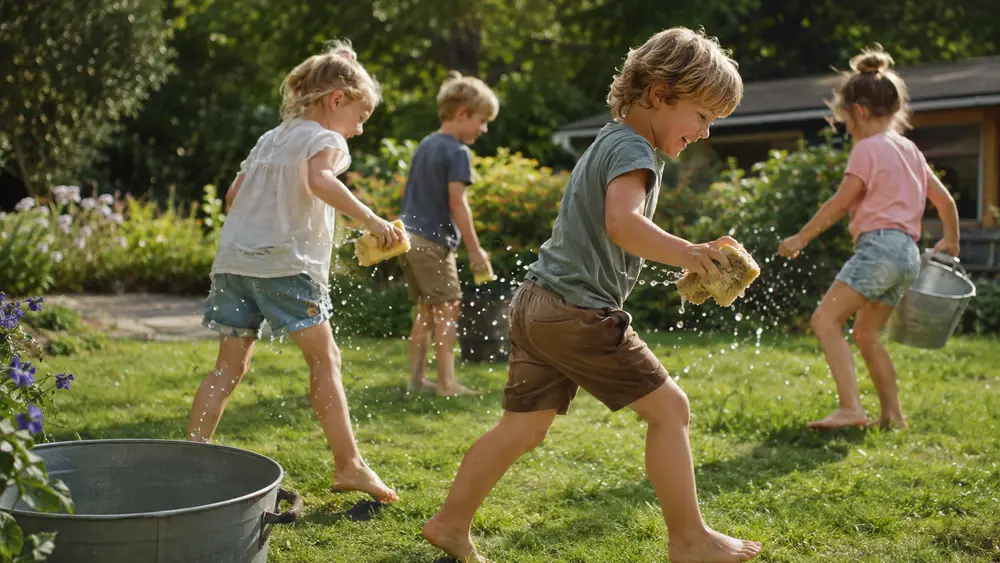 Zomer-speurtocht voor kinderen: Foto: kinderen spelen waterspellen in een zonnige tuin
